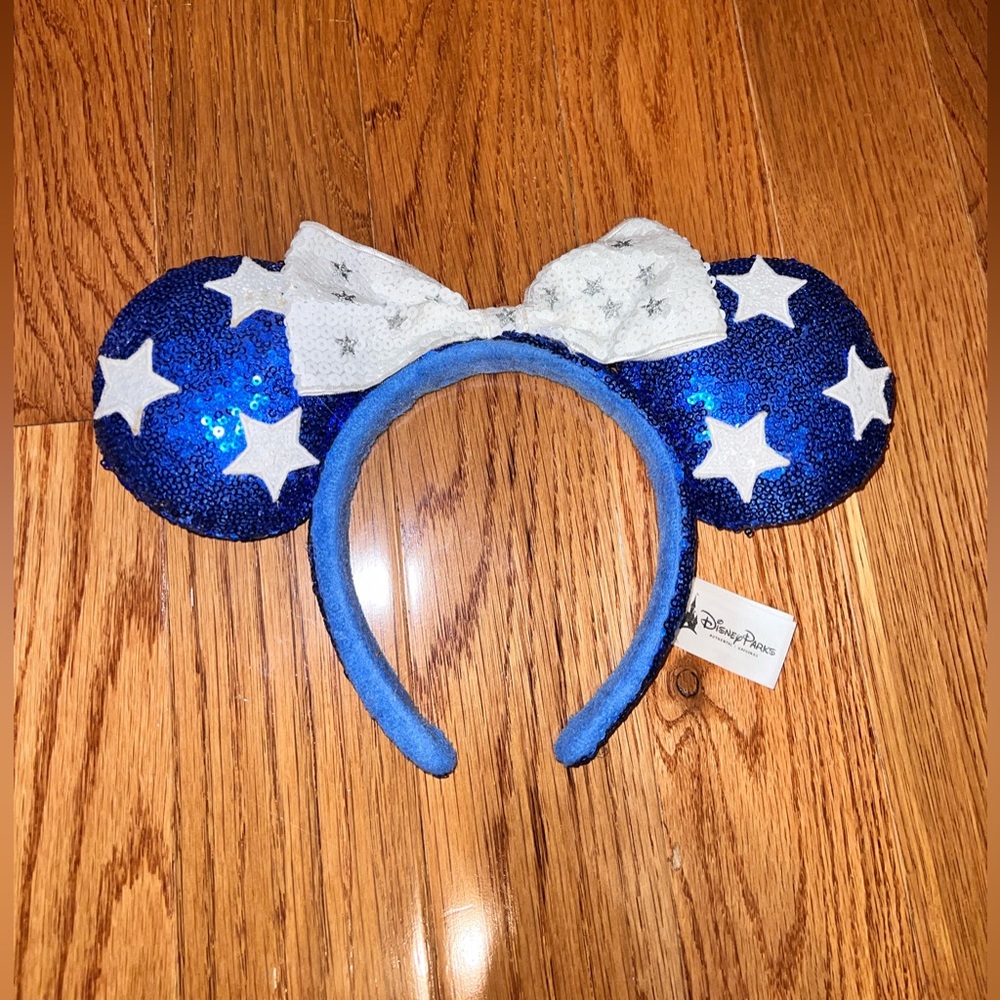 Disney Royal Blue Sequin Star Minnie Ear Headband with White Bow